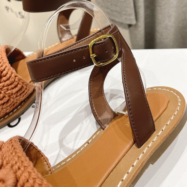 LYMPIA SANDAL IN TRIOMPHE MACCRAMÉ COTTON & CALFSKIN BROWN/DARK BROWN