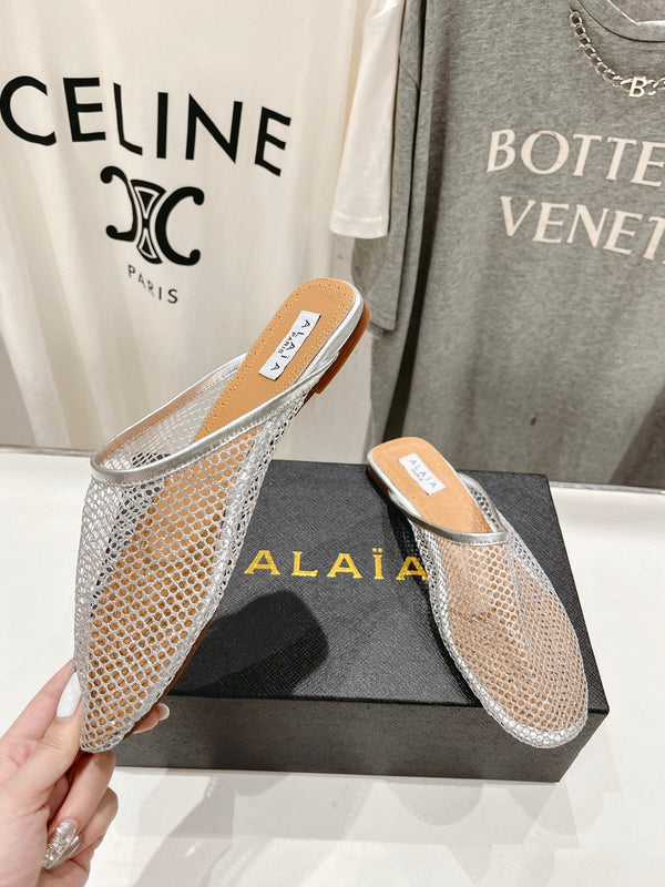 MULES ALAIA FLAT IN RETE ARGENTATA