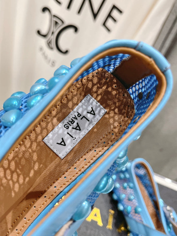 SCARPE MARY JANE ALAIA PEARL IN RETE BLU CERULEO E PELLE DI VITELLO