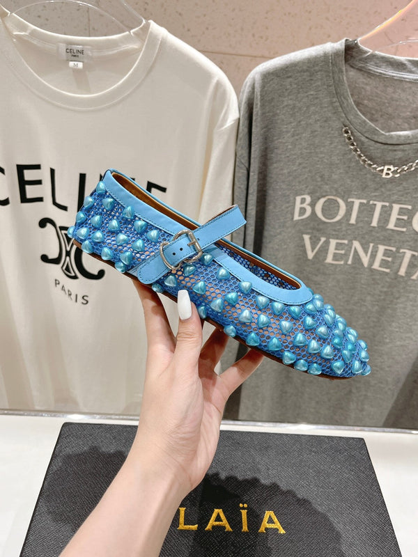 SCARPE MARY JANE ALAIA PEARL IN RETE BLU CERULEO E PELLE DI VITELLO