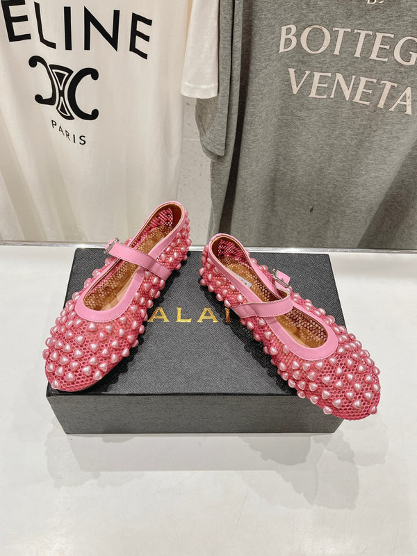 SCARPE MARY JANE ALAIA PEARL IN RETE ROSA SCURO E PELLE DI VITELLO