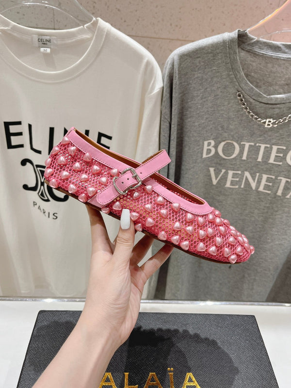 SCARPE MARY JANE ALAIA PEARL IN RETE ROSA SCURO E PELLE DI VITELLO