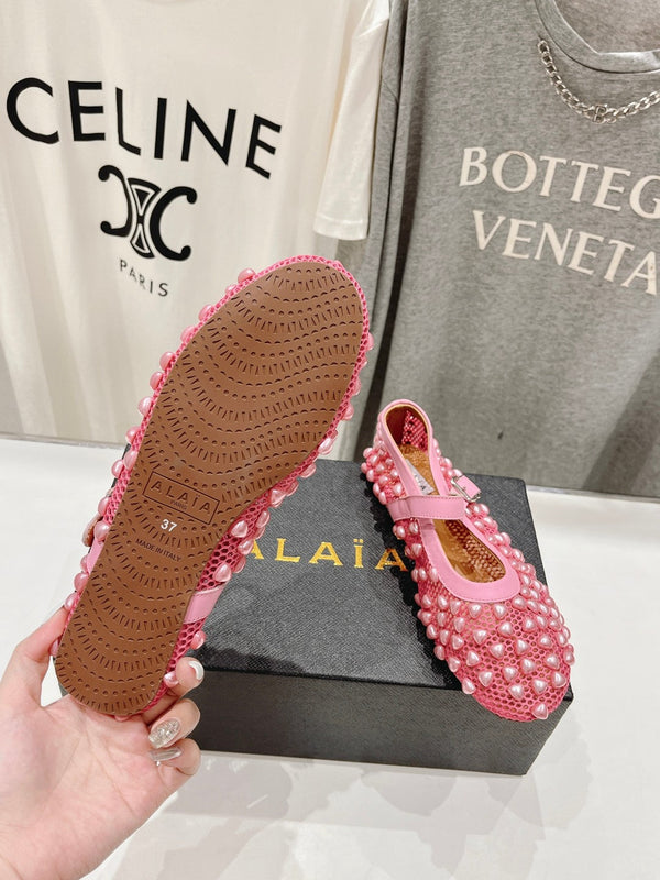 SCARPE MARY JANE ALAIA PEARL IN RETE ROSA SCURO E PELLE DI VITELLO