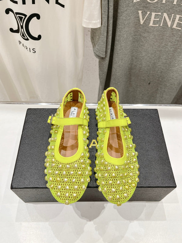 SCARPE MARY JANE ALAIA PEARL IN RETE GIALLO FLUO E PELLE DI VITELLO