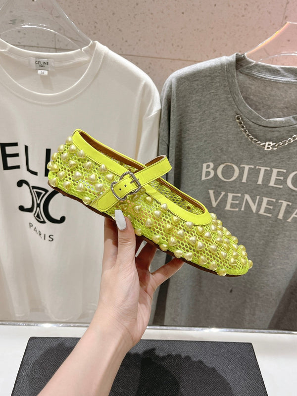 SCARPE MARY JANE ALAIA PEARL IN RETE GIALLO FLUO E PELLE DI VITELLO