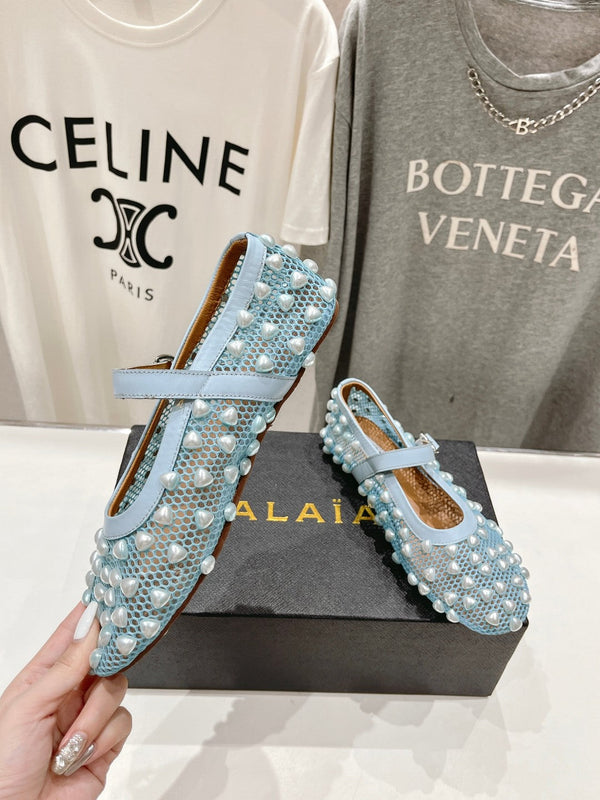 ALAIA PEARL MARY JANE SHOES IN LIGHT BLUE MESH AND CALFSKIN