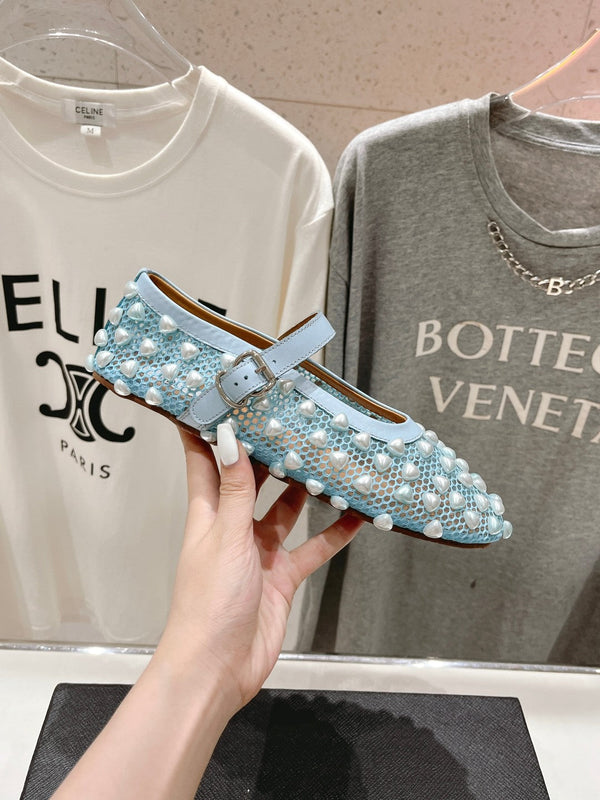 ALAIA PEARL MARY JANE SHOES IN LIGHT BLUE MESH AND CALFSKIN