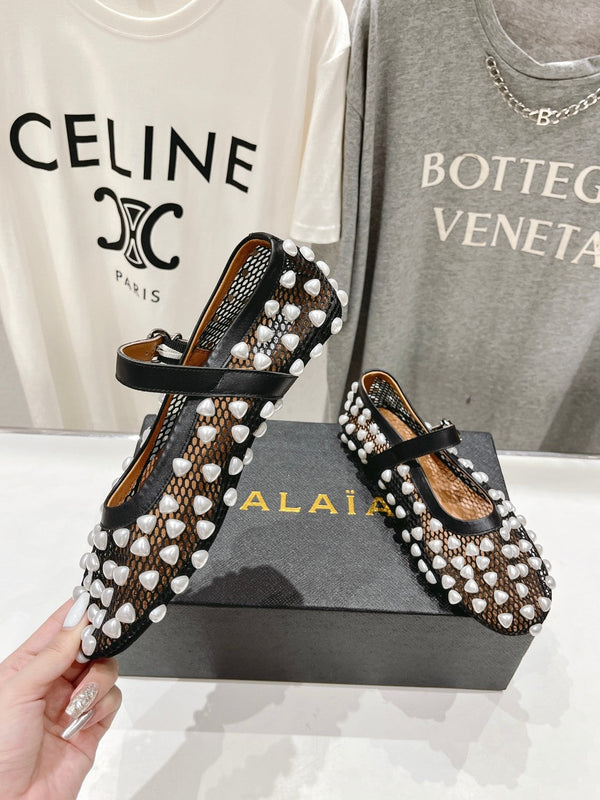 SCARPE MARY JANE ALAIA PEARL IN RETE E PELLE DI VITELLO BIANCHE E NERE