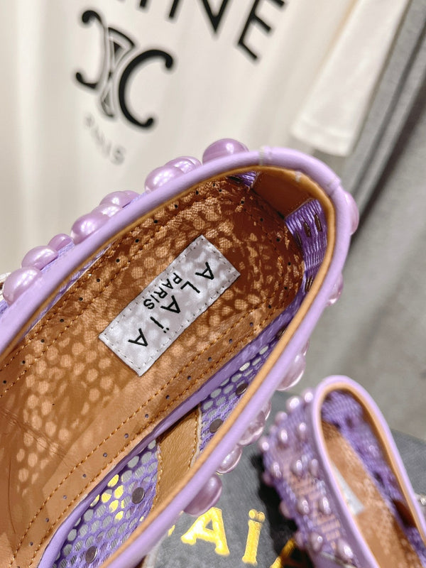 SCARPE MARY JANE ALAIA PEARL IN RETE VIOLA LAVANDA E PELLE DI VITELLO