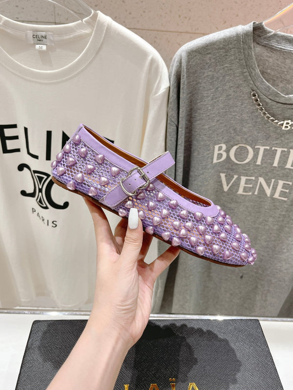 SCARPE MARY JANE ALAIA PEARL IN RETE VIOLA LAVANDA E PELLE DI VITELLO