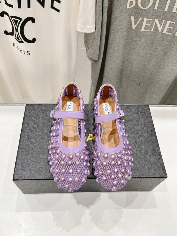 SCARPE MARY JANE ALAIA PEARL IN RETE VIOLA LAVANDA E PELLE DI VITELLO