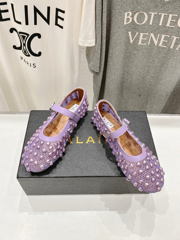 SCARPE MARY JANE ALAIA PEARL IN RETE VIOLA LAVANDA E PELLE DI VITELLO