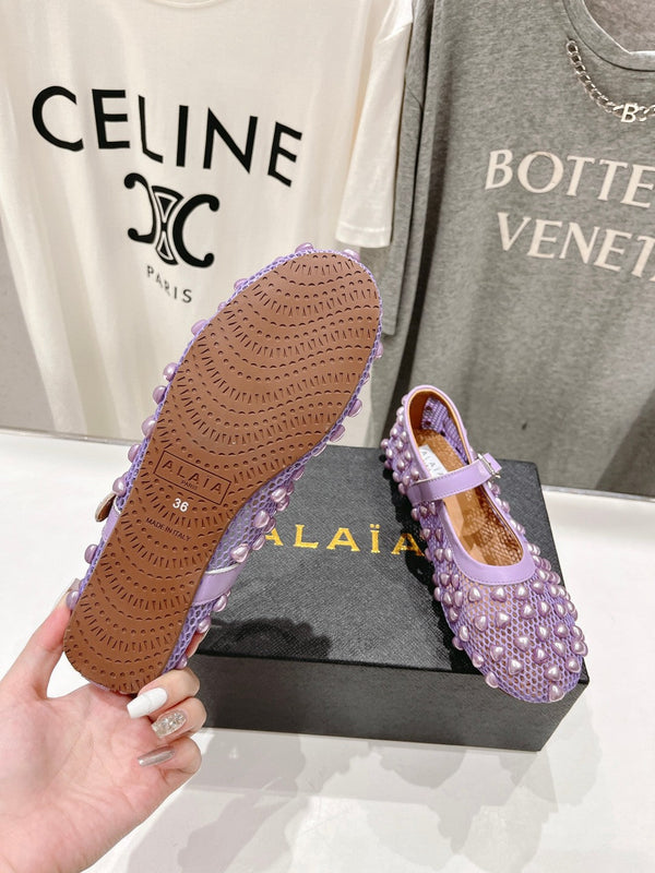 SCARPE MARY JANE ALAIA PEARL IN RETE VIOLA LAVANDA E PELLE DI VITELLO