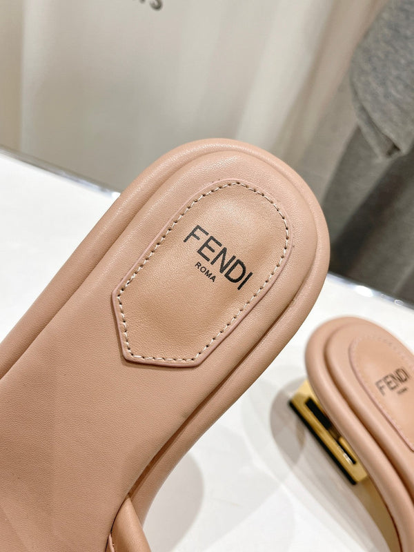 FENDI BAGUETTE MEDIUM-HEEL SANDALS 45 MM IN DESERT SAND CALFSKIN