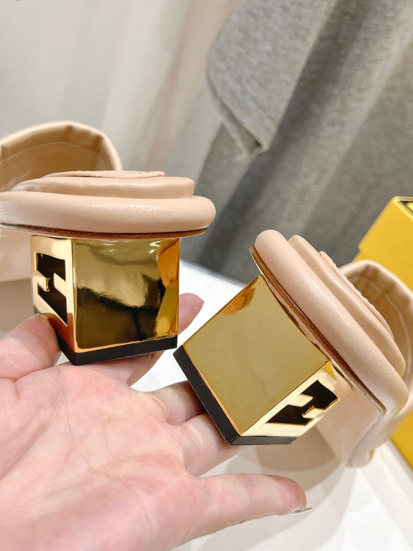 FENDI BAGUETTE MEDIUM-HEEL SANDALS 45 MM IN BISQUE BEIGE CALFSKIN