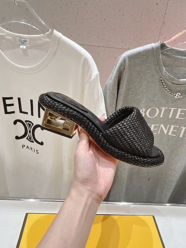 FENDI FFOLD MEDIUM-HEEL SANDALS 45 MM IN BLACK COTTON FIBRE