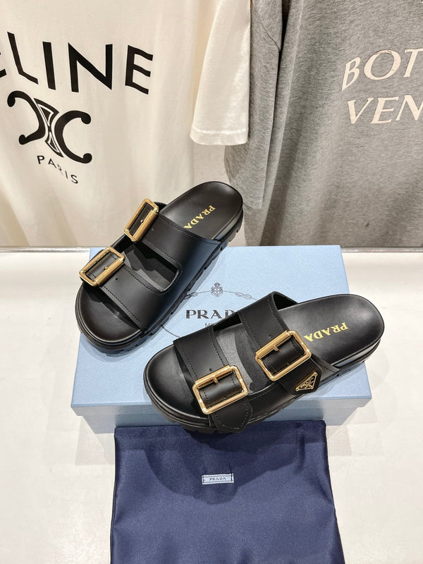 PRA STRAP SLIDES SANDALS BLACK CALFSKIN