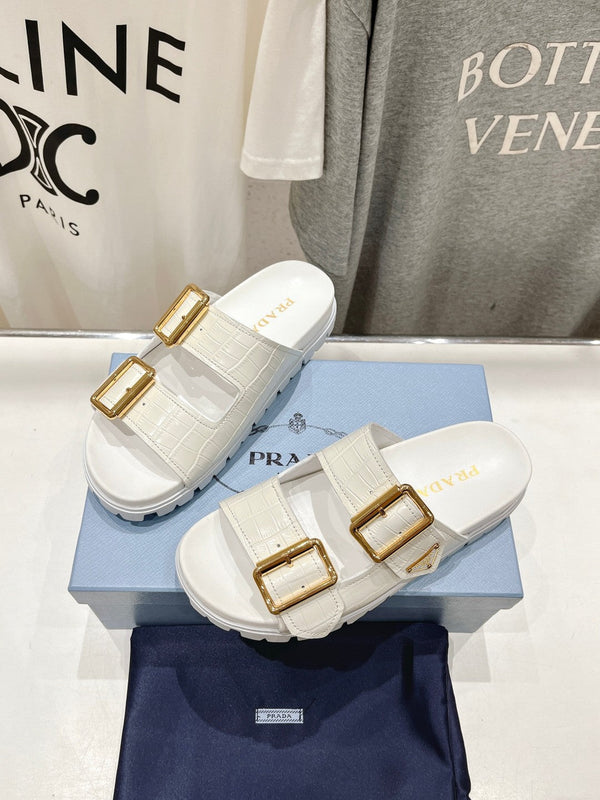 SANDALI CIABATTE CON CINTURINO E MOTIVO COCCODRILLO PRA IN PELLE DI VITELLO BIANCA