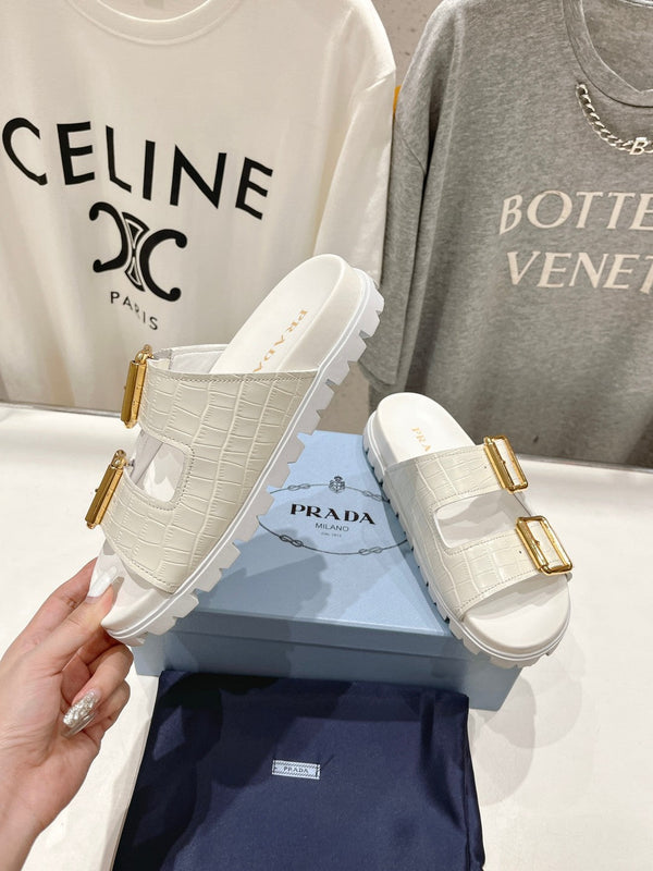 SANDALI CIABATTE CON CINTURINO E MOTIVO COCCODRILLO PRA IN PELLE DI VITELLO BIANCA