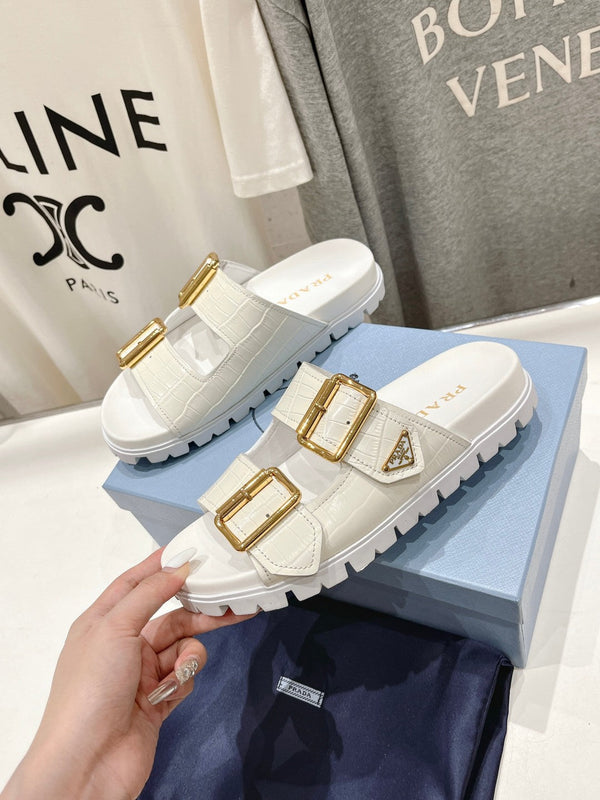 SANDALI CIABATTE CON CINTURINO E MOTIVO COCCODRILLO PRA IN PELLE DI VITELLO BIANCA