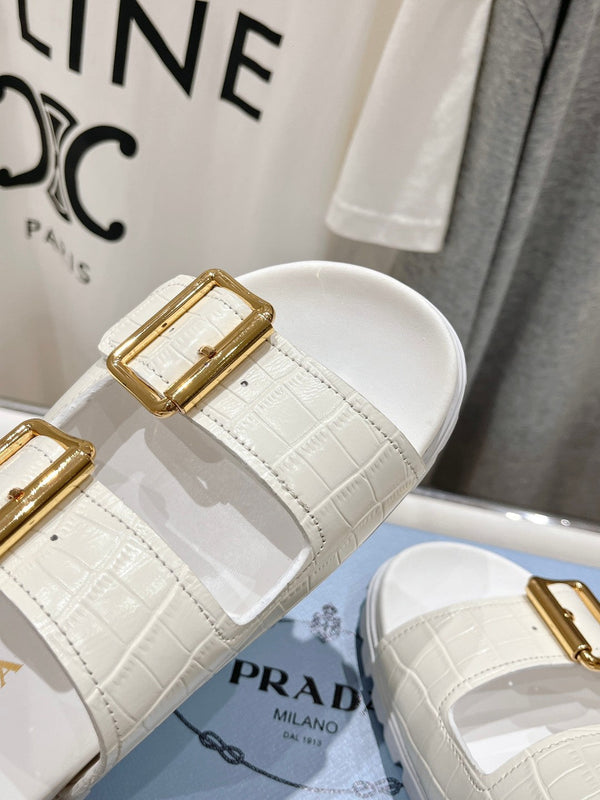 SANDALI CIABATTE CON CINTURINO E MOTIVO COCCODRILLO PRA IN PELLE DI VITELLO BIANCA