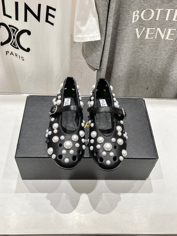 ALAIA PEARL MARY JANE SHOES BLACK MIX WHITE LAMBSKIN