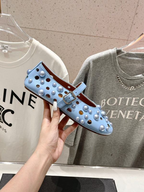 ALAIA PEARL MARY JANE SHOES IN LIGHT BLUE LAMBSKIN