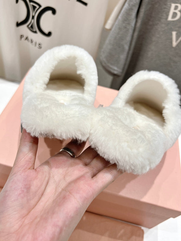 Miu Slippers White Soft Imported Wool And Fur