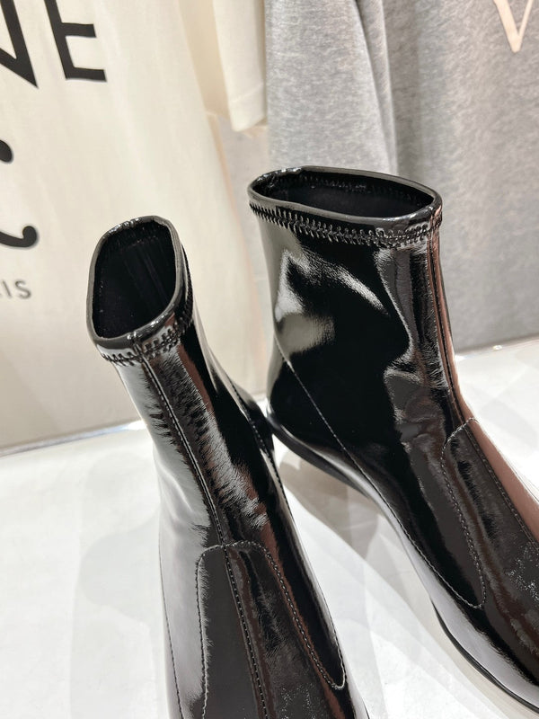 Miu Ankle Boots Pointed Toe Glossy Black Lambskin