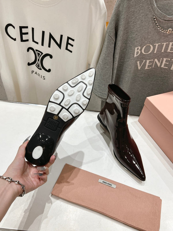 Miu Ankle Boots Pointed Toe Red Brown Lambskin