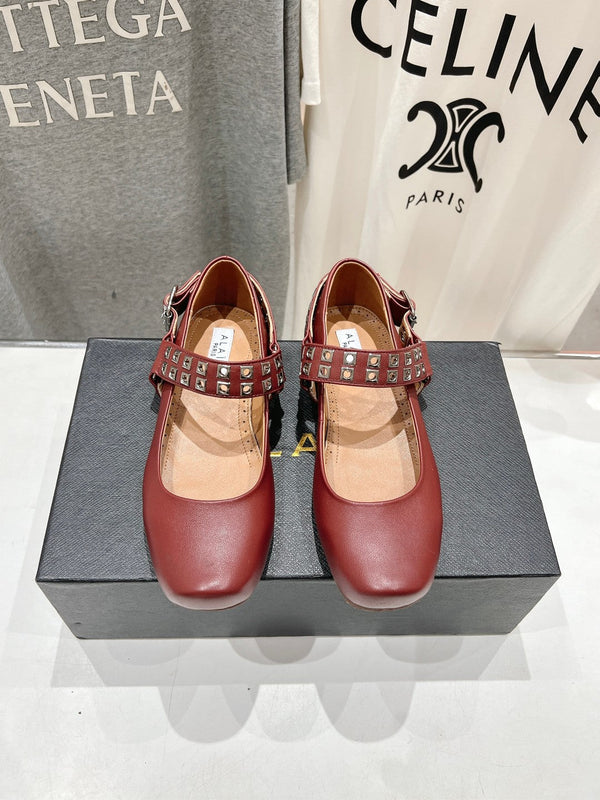 Alaila Biker Ballet Flats In Brown Red Cowhide 911440