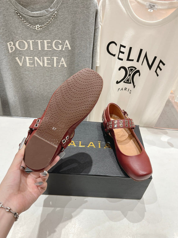 Alaila Biker Ballet Flats In Brown Red Cowhide 911440