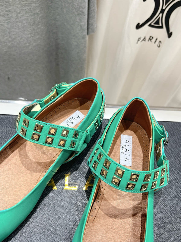 Alaila Biker Ballet Flats In Seafoam Green Cowhide 911446