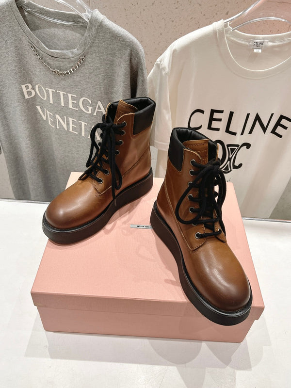 Miu Lace-Up Boots Vintage Brown Waxed Calfskin