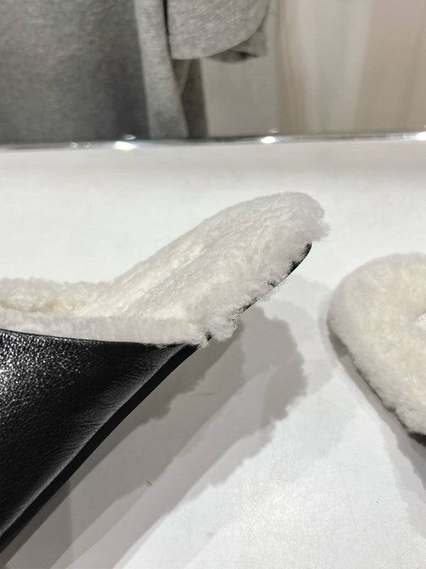 Miu Slippers Glossy Black Imported Sheepskin