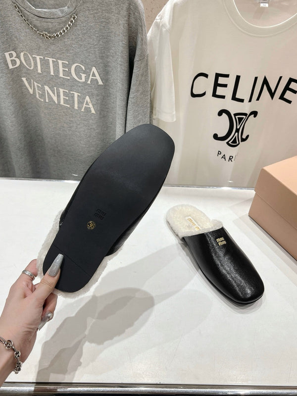 Miu Slippers Glossy Black Imported Sheepskin