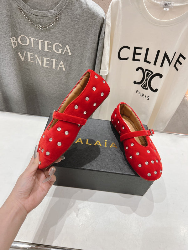 Alaila Ballet Flats In Red Velvet With Rhinestones 971994