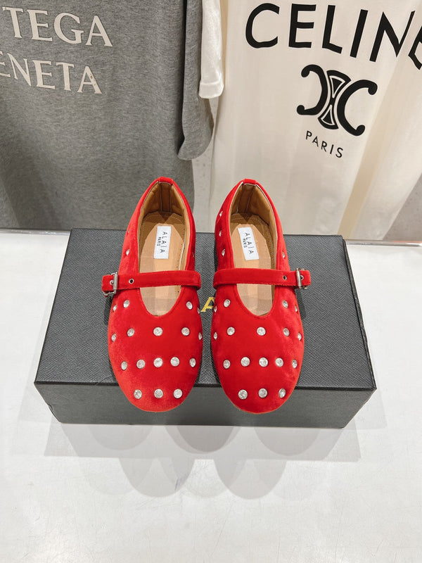 Alaila Ballet Flats In Red Velvet With Rhinestones 971994