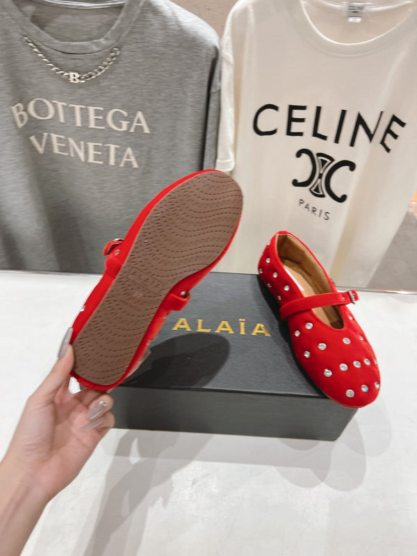 Alaila Ballet Flats In Red Velvet With Rhinestones 971994