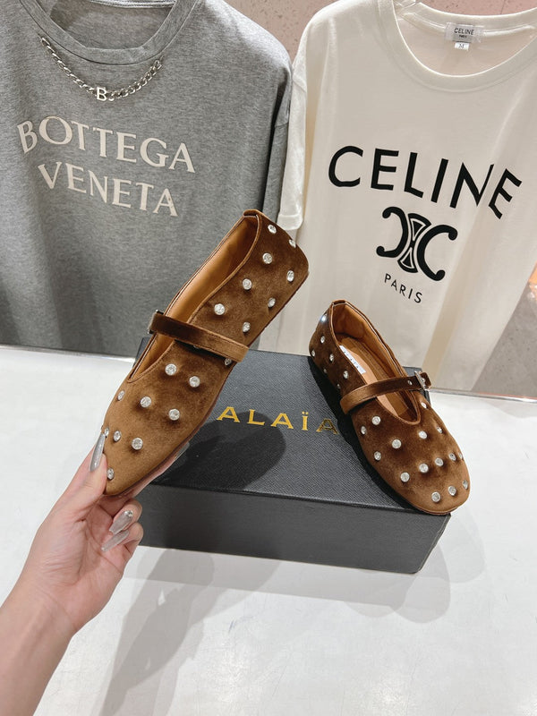 Alaila Ballet Flats In Moss Brown Velvet With Rhinestones 971998