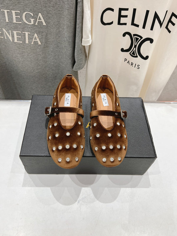 Alaila Ballet Flats In Moss Brown Velvet With Rhinestones 971998
