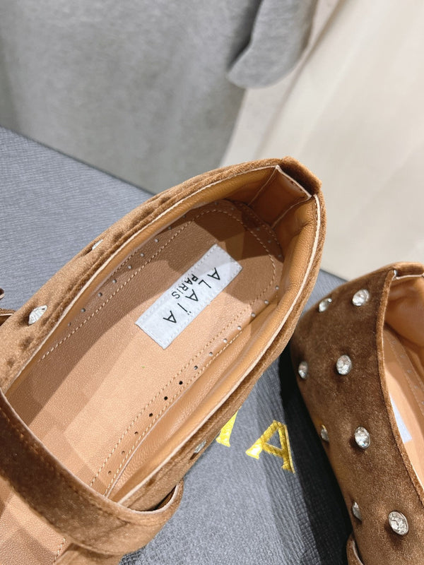 Alaila Ballet Flats In Moss Brown Velvet With Rhinestones 971998