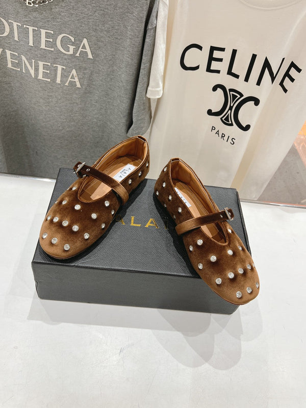 Alaila Ballet Flats In Moss Brown Velvet With Rhinestones 971998