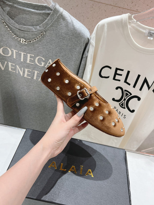 Alaila Ballet Flats In Moss Brown Velvet With Rhinestones 971998