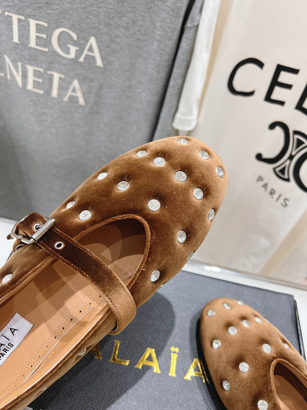 Alaila Ballet Flats In Moss Brown Velvet With Rhinestones 971998