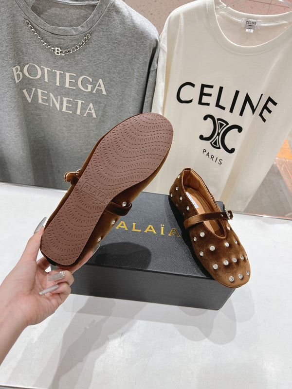 Alaila Ballet Flats In Moss Brown Velvet With Rhinestones 971998