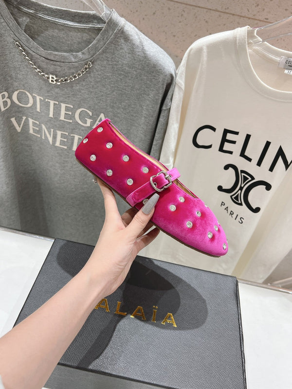 Alaila Ballet Flats In Deep Pink Velvet With Rhinestones 972002