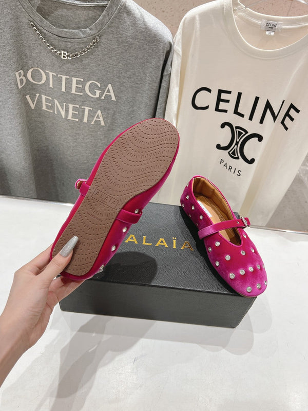 Alaila Ballet Flats In Deep Pink Velvet With Rhinestones 972002