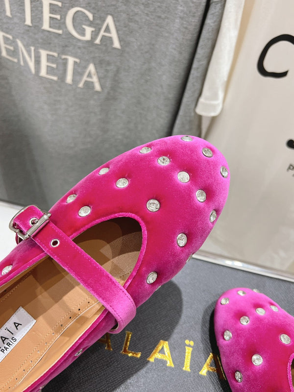 Alaila Ballet Flats In Deep Pink Velvet With Rhinestones 972002