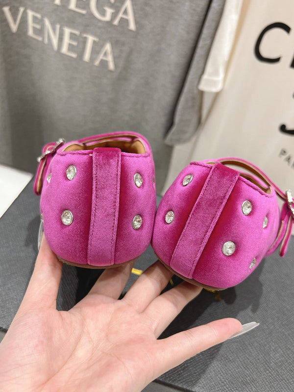 Alaila Ballet Flats In Deep Pink Velvet With Rhinestones 972002